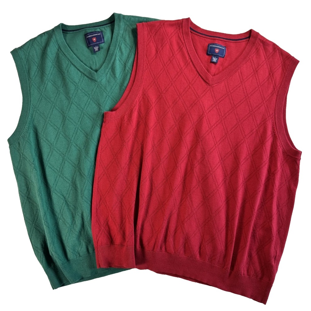 Lot of 2 Sweater Vests Mens L Saddlebred Red and Green V-Neck Golf Christmas